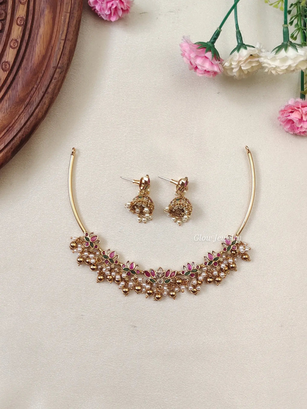 Premium Quality Kempu Lotus Hasli Necklace