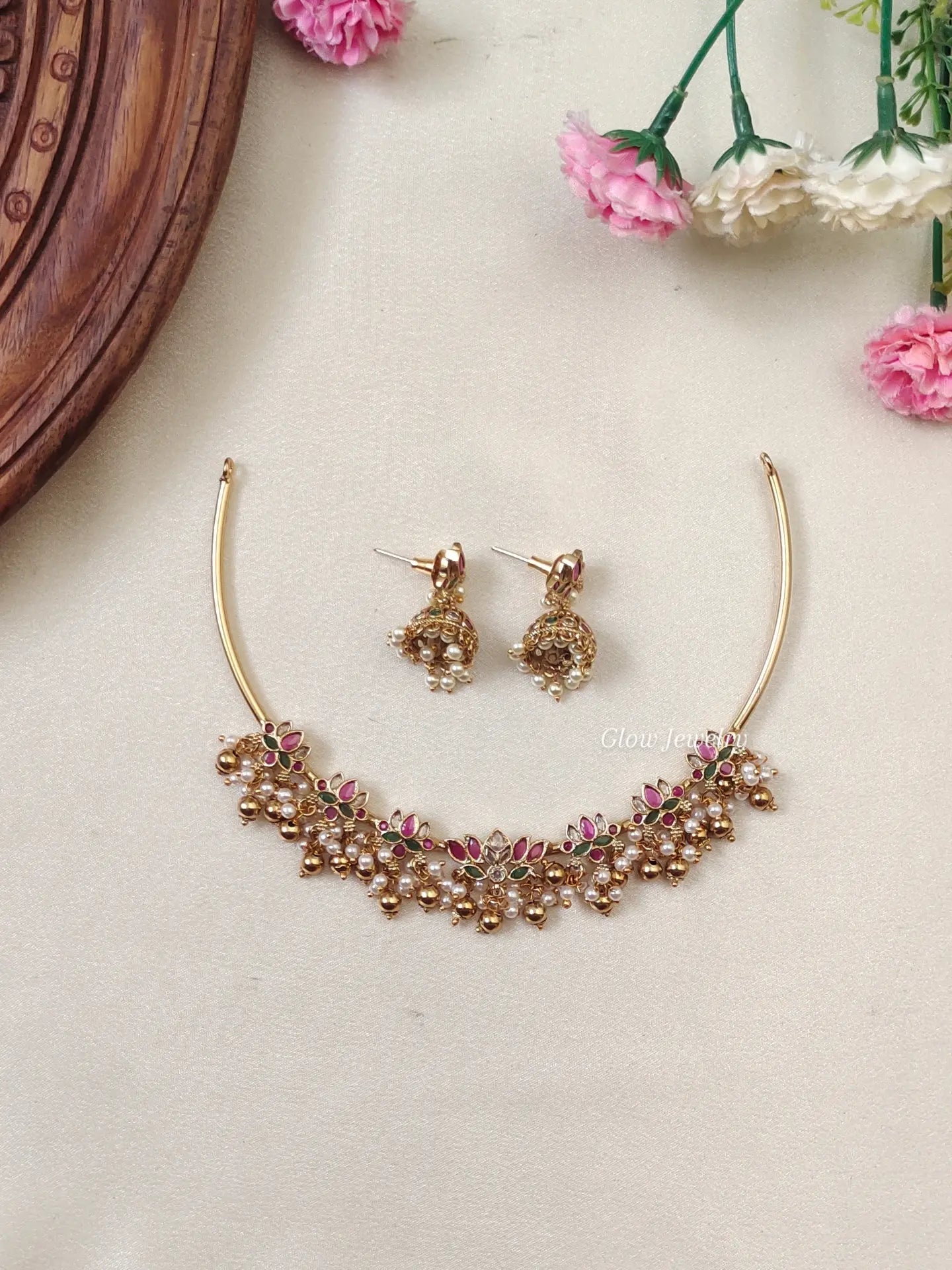 Premium Quality Kempu Lotus Hasli Necklace