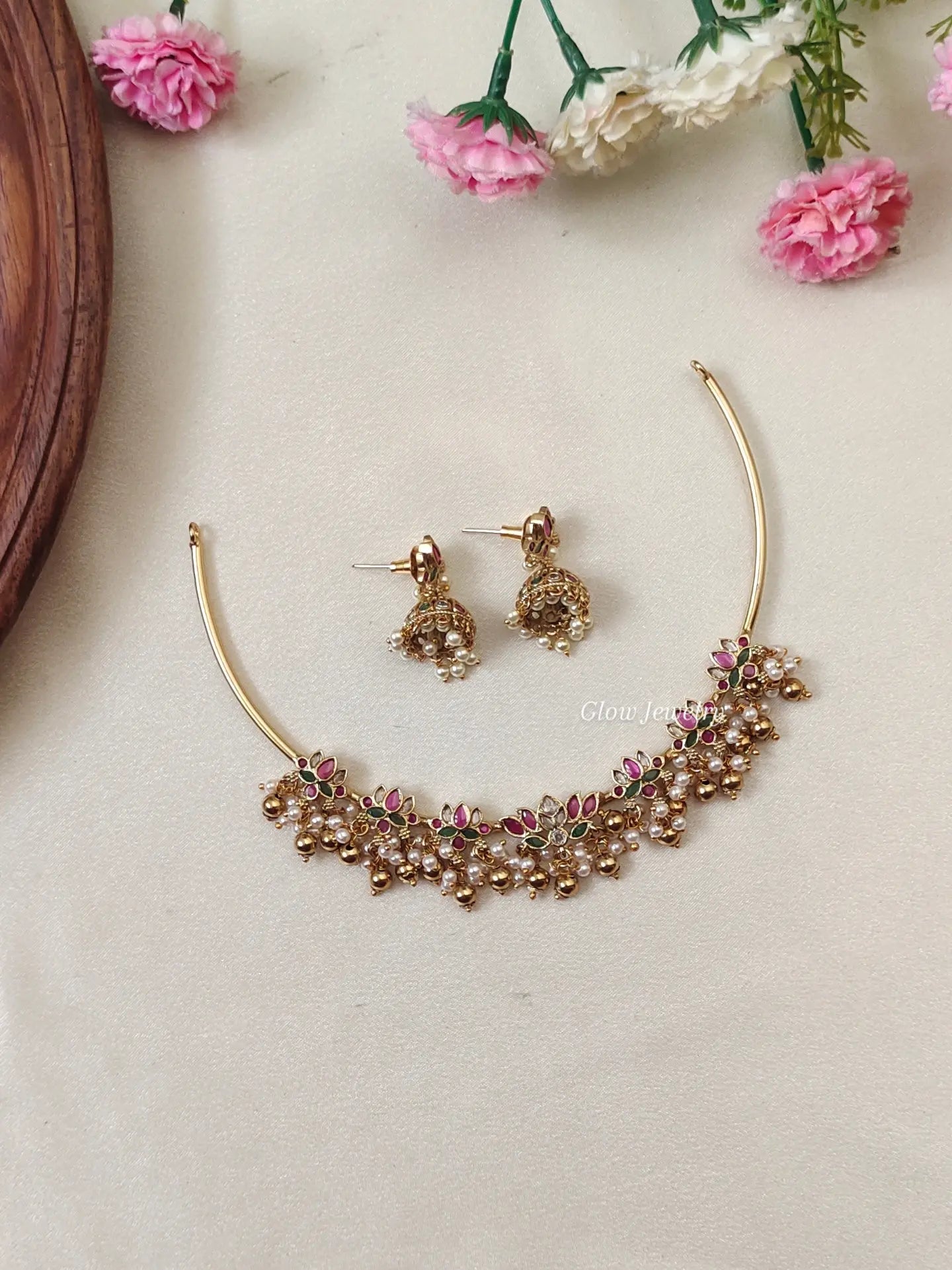 Premium Quality Kempu Lotus Hasli Necklace