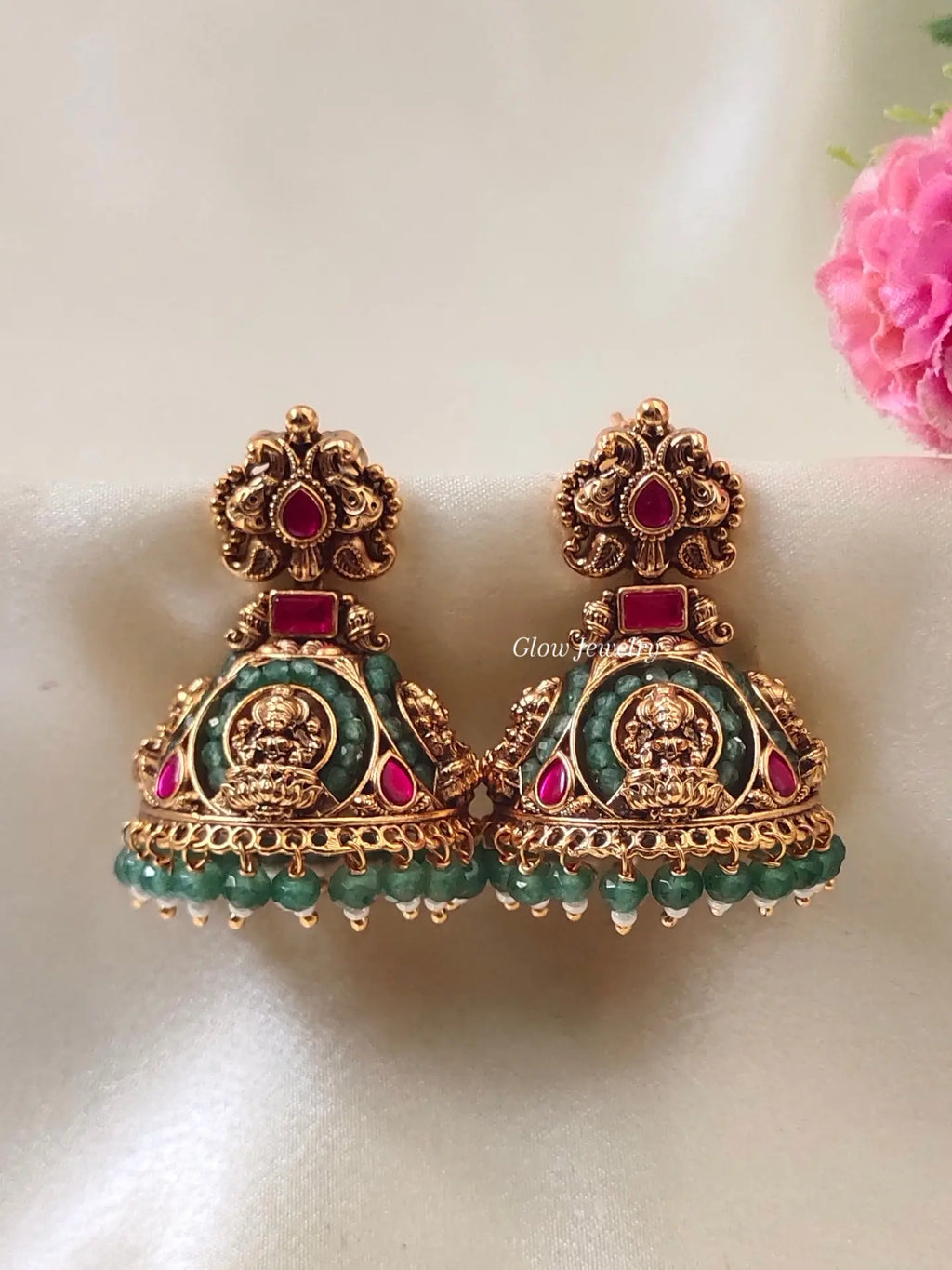 Premium Quality Peacock Jadau Jumka With Green Beads Hanging