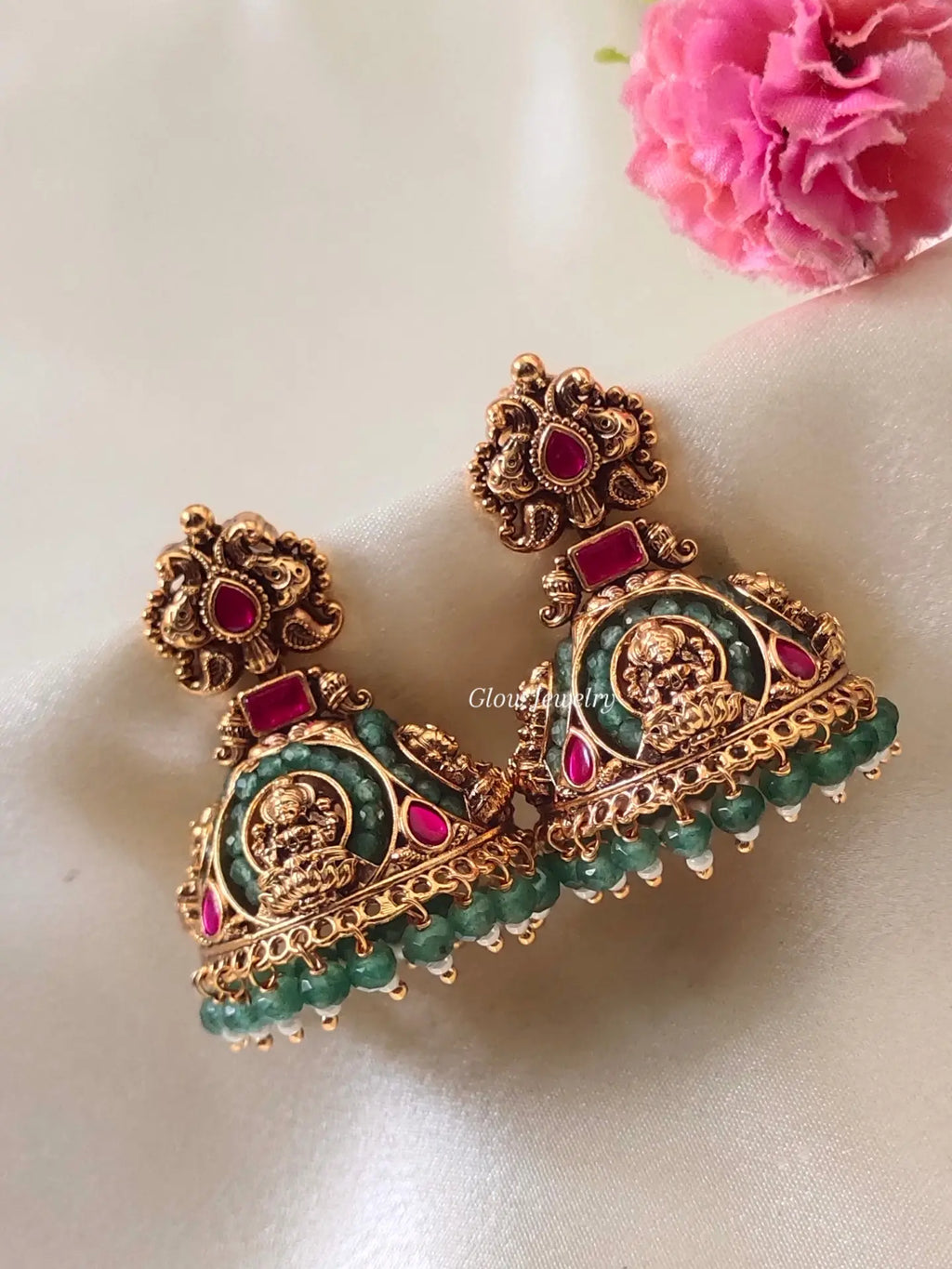 Premium Quality Peacock Jadau Jumka With Green Beads Hanging