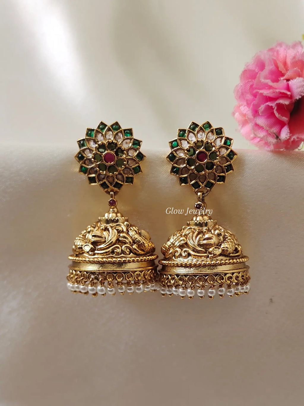 Premium Quality Non-Idol Antique Green Stone Jumka