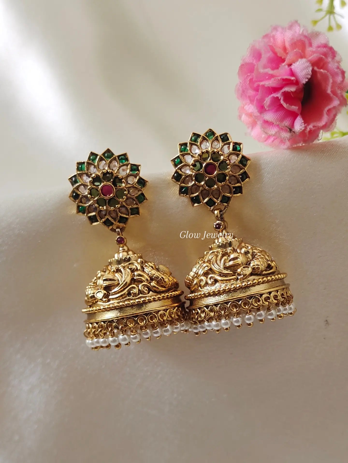 Premium Quality Non-Idol Antique Green Stone Jumka