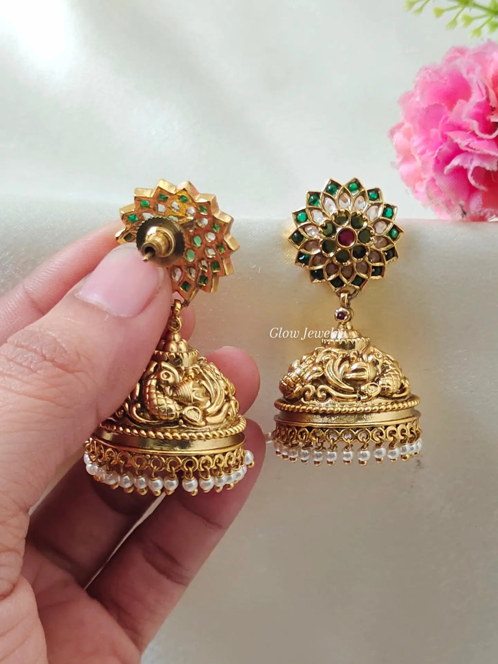 Premium Quality Non-Idol Antique Green Stone Jumka