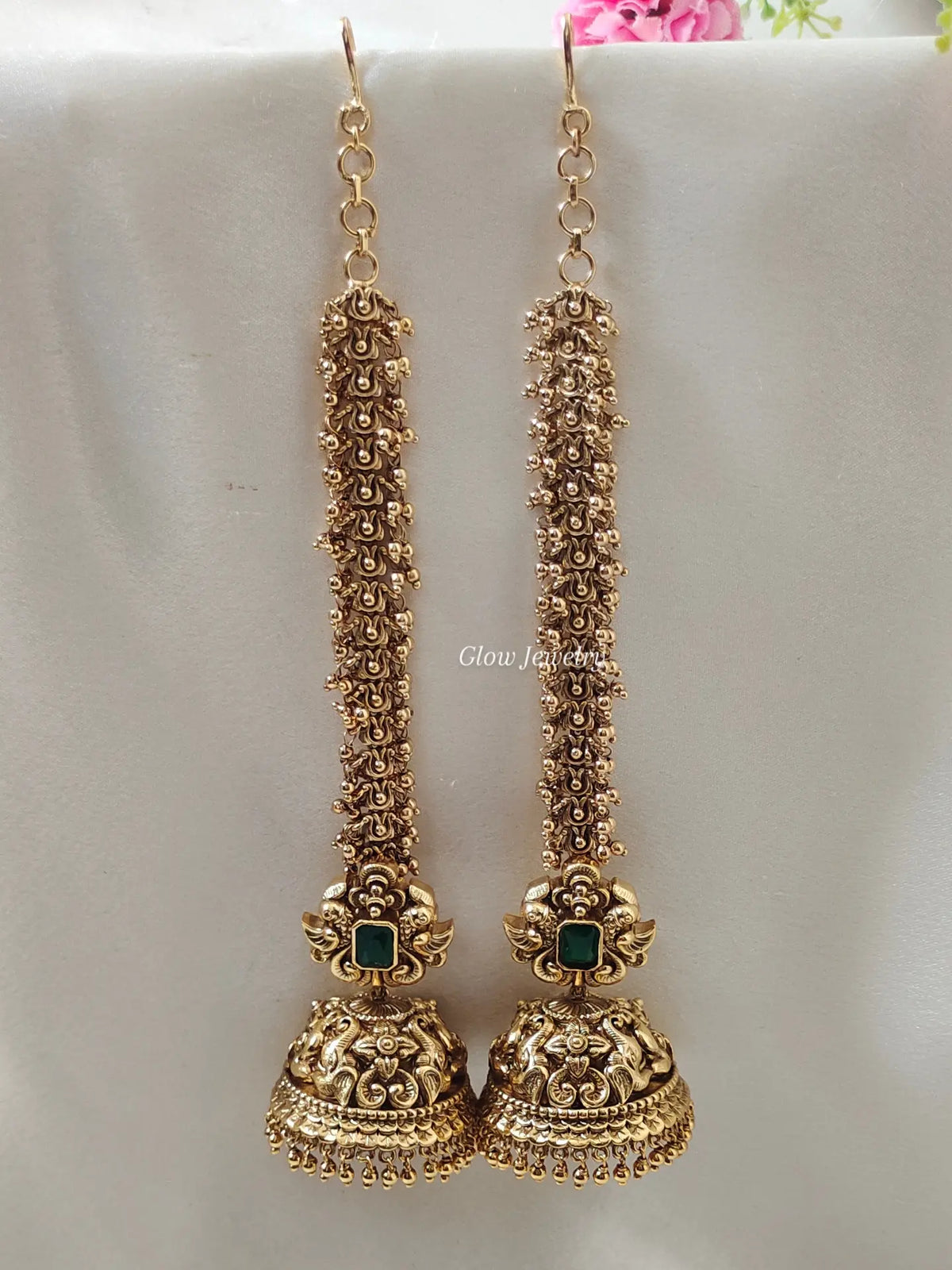Premium Quality Antique Bridal Green Jumbo Size Jumka with Antique Maatil