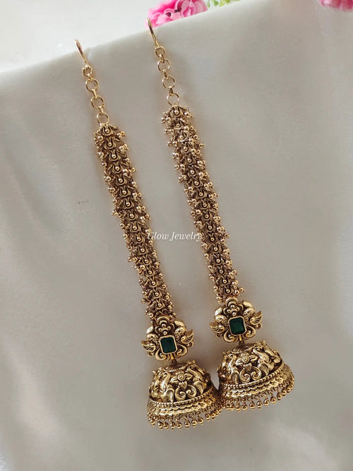 Premium Quality Antique Bridal Green Jumbo Size Jumka with Antique Maatil