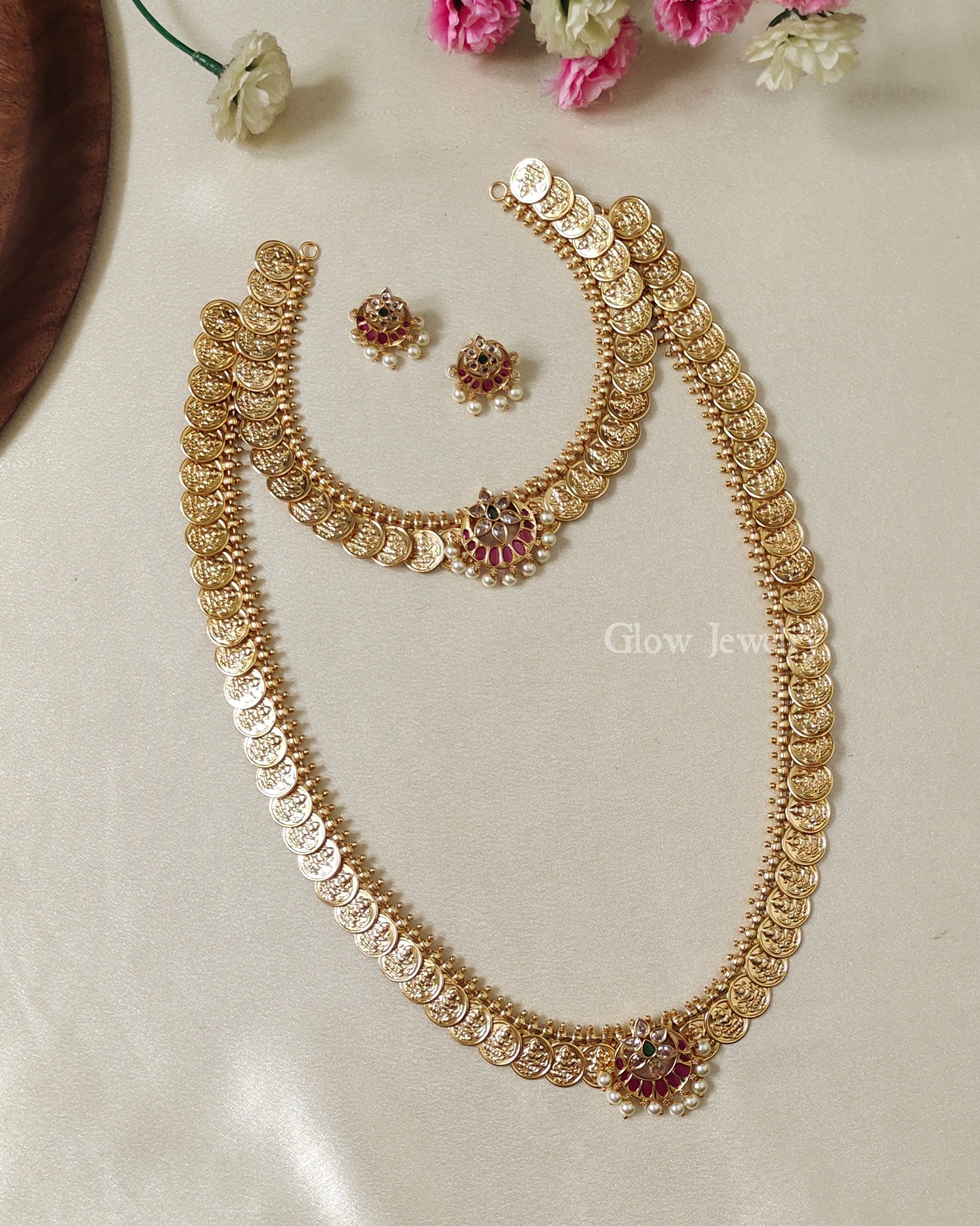 Premium Quality Gold Finish Kemp Stone Kasu Semi Bridal Set