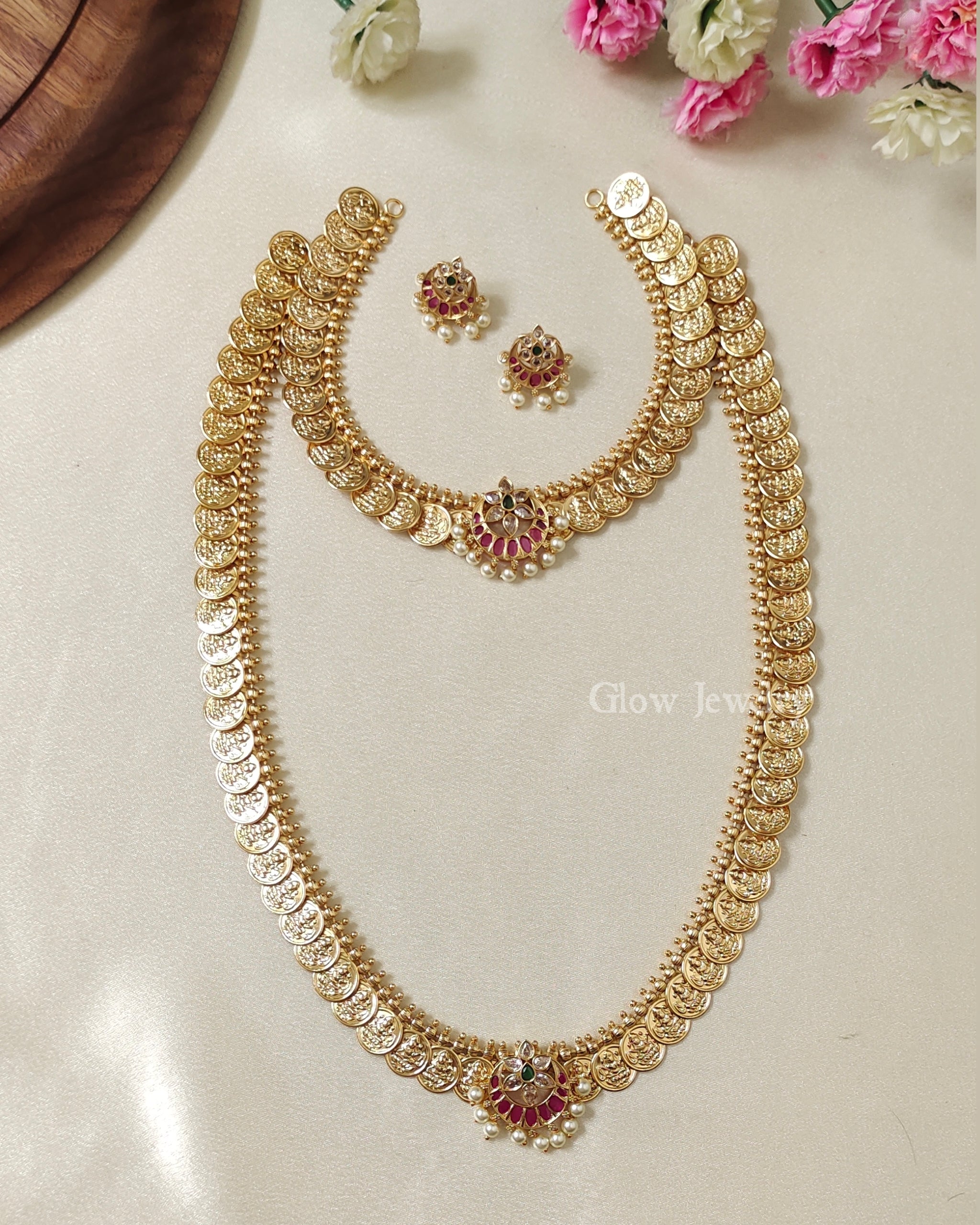 Premium Quality Gold Finish Kemp Stone Kasu Semi Bridal Set