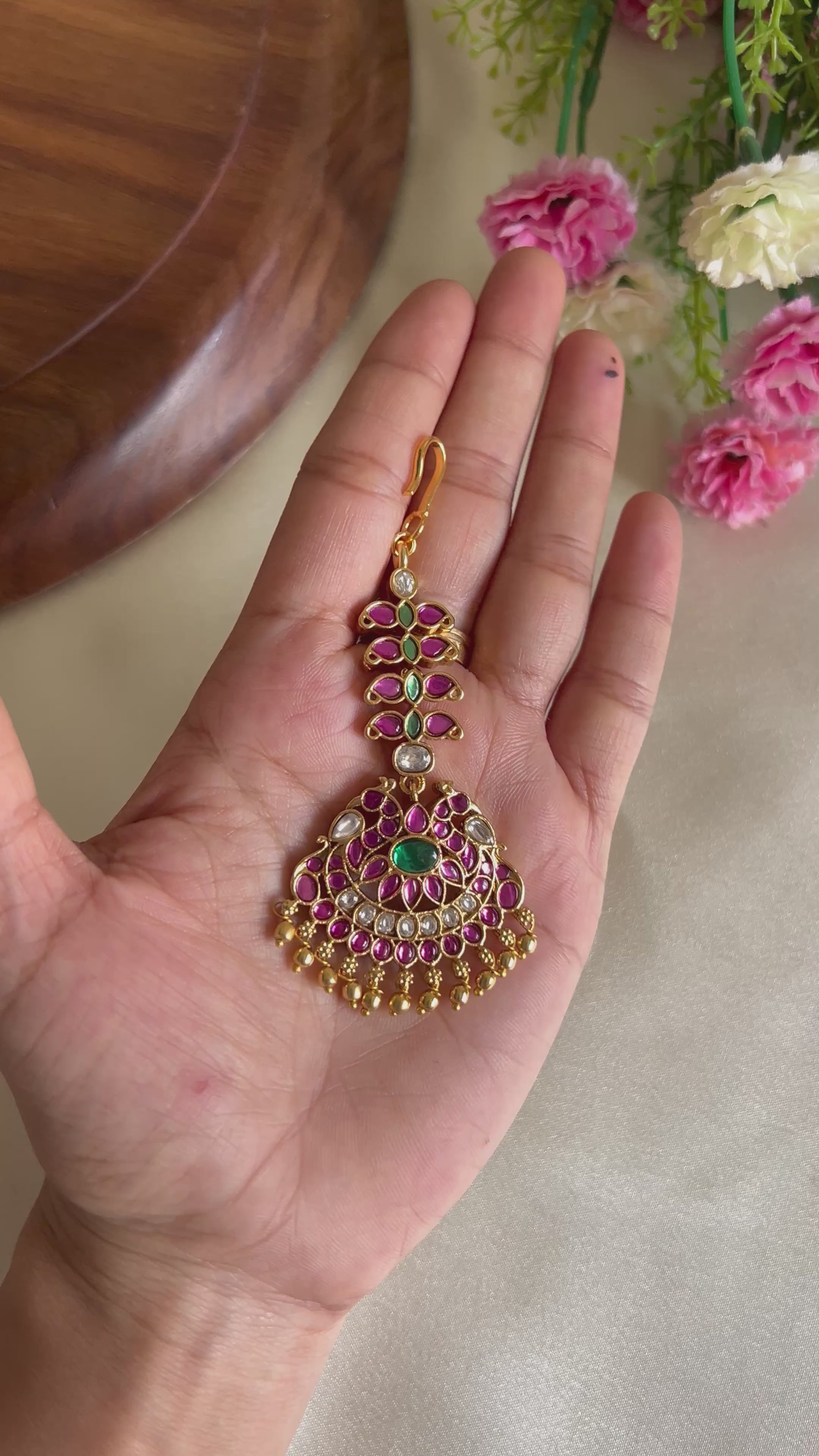 Premium Quality Peacock Kemp Stone Maang Tikka