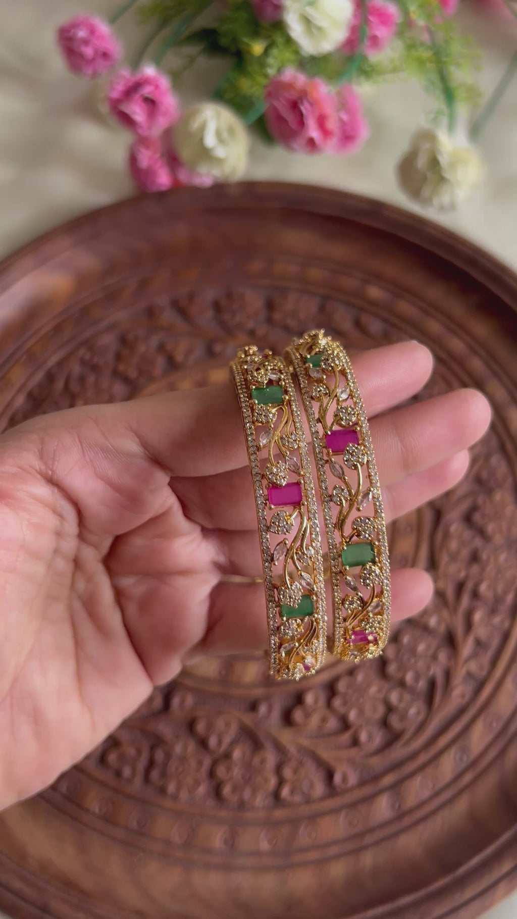 Premium Quality Gold Finish Rani Pink & Green AD Stone Bangles