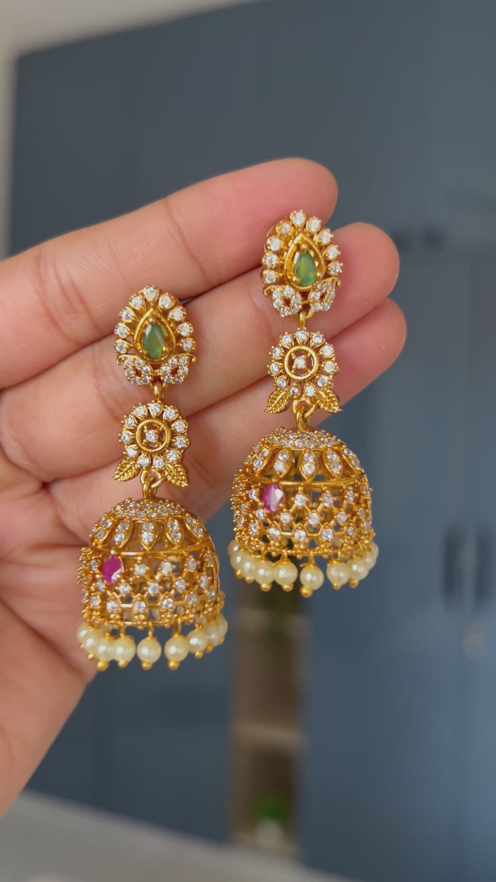 Premium Quality Pearl Hanging Ruby and Green Stone Jumka