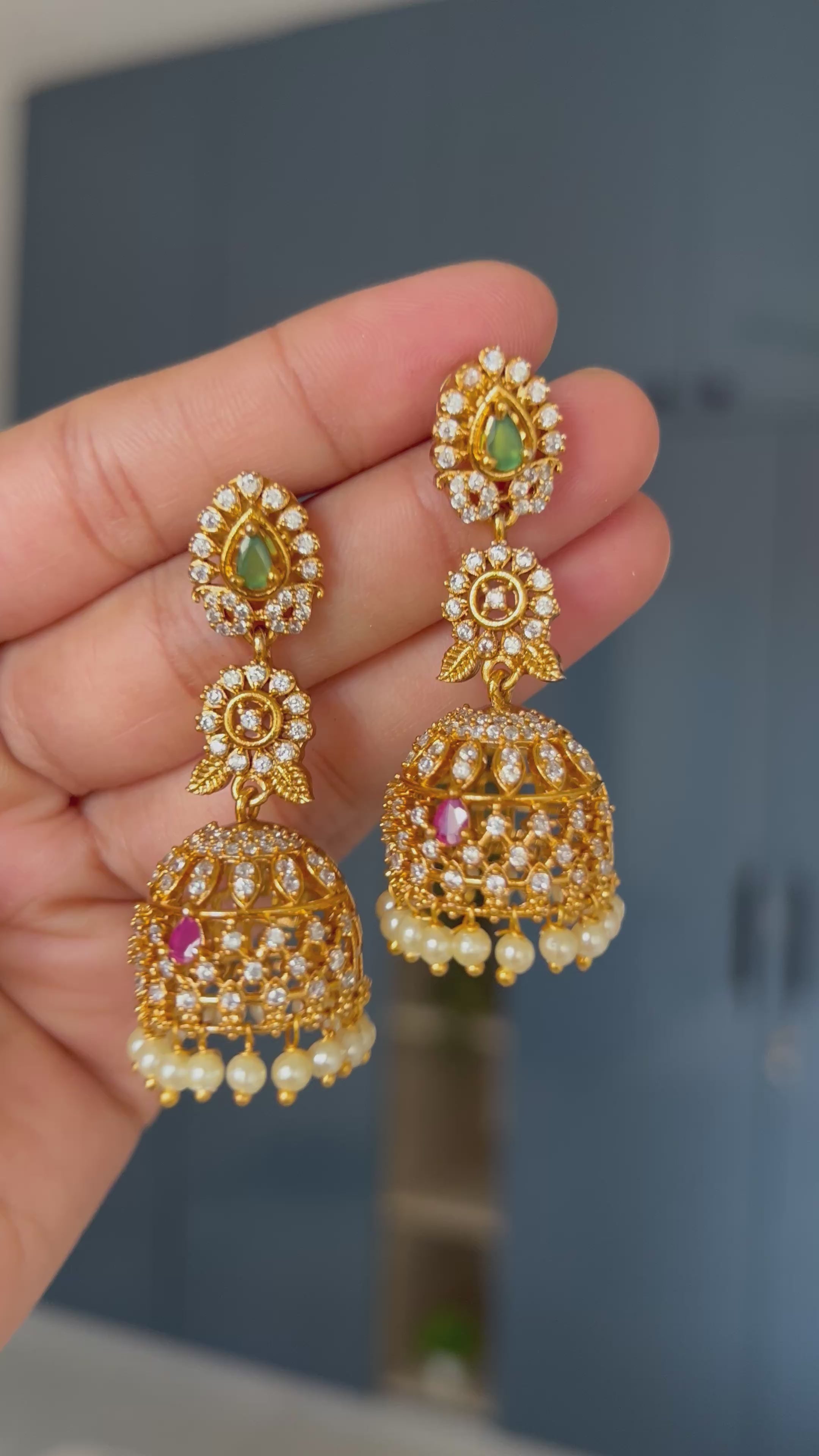 Premium Quality Pearl Hanging Ruby and Green Stone Jumka