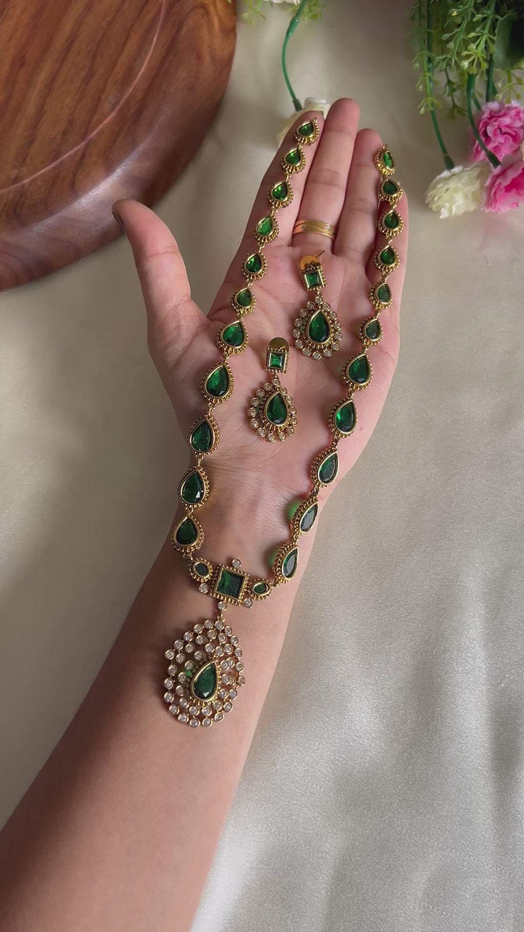 Premium Quality Matt Finish Emerald Green Stone Long Haram