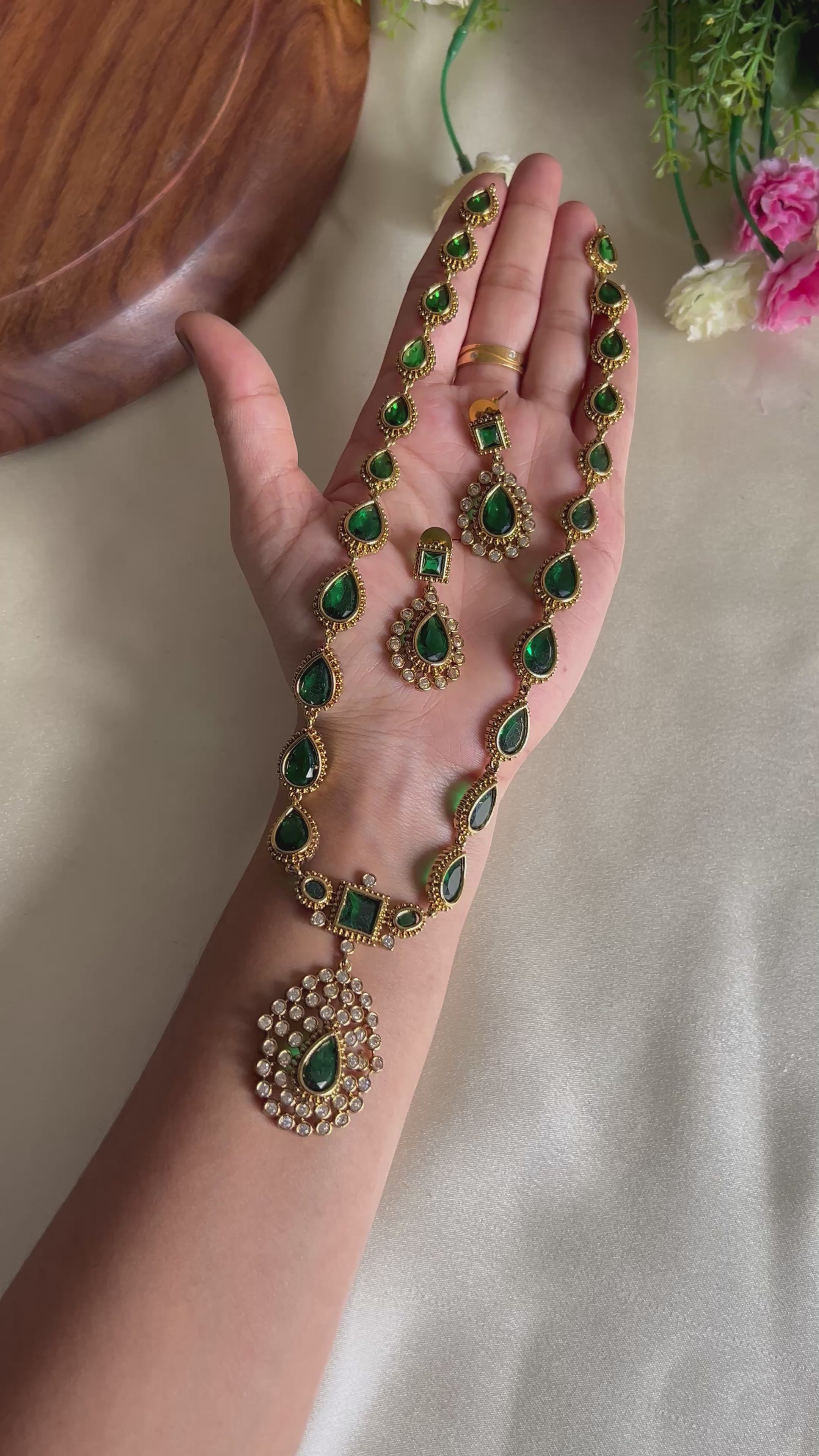 Premium Quality Matt Finish Emerald Green Stone Long Haram