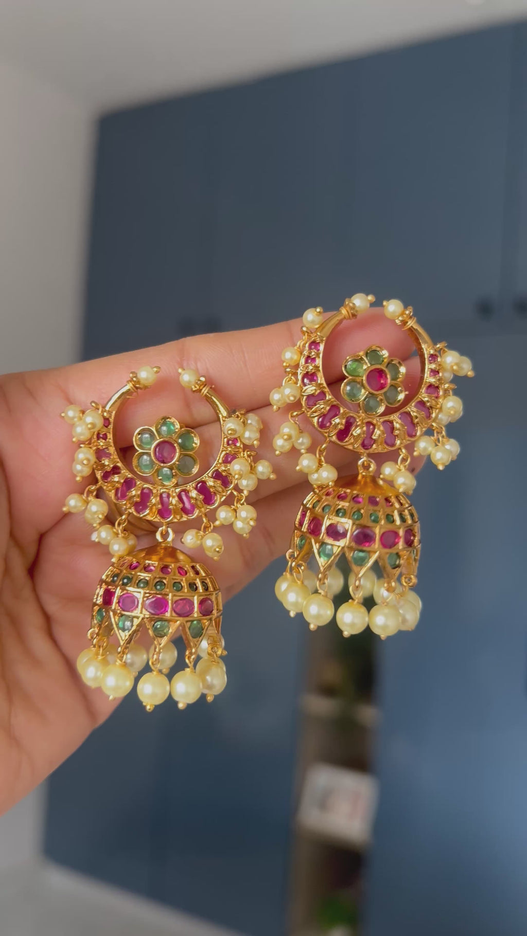 Premium Quality Gold Finish Kemp Stone Half Moon Jumka